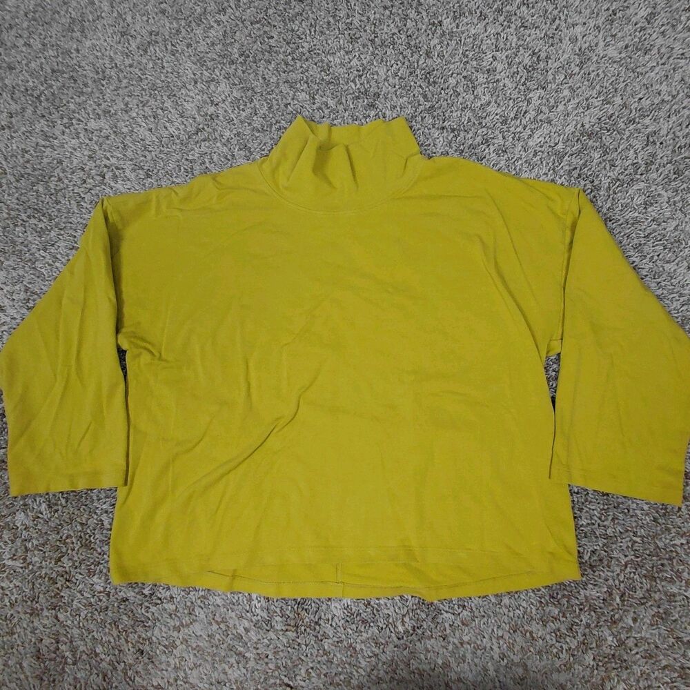 Eileen Fisher Top Womens Medium Yellow Wide Cotton Mock Neck Long Sleeve Shirt